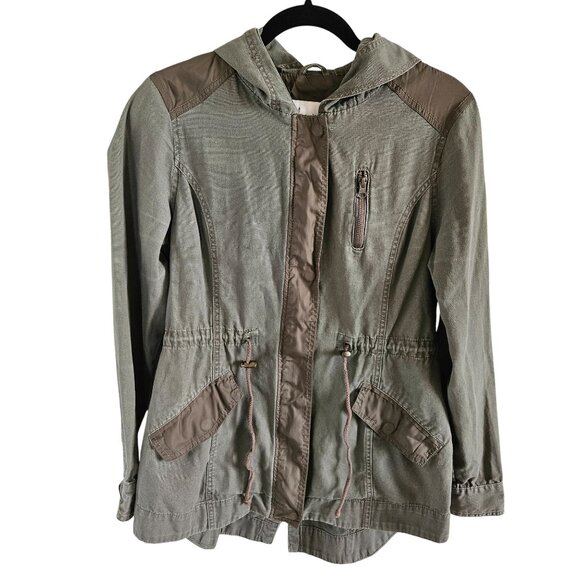 American Rag Woman Size M Jacket Mid Length Lt Weight Olive Green Zip/Snap Hood - Picture 1 of 10